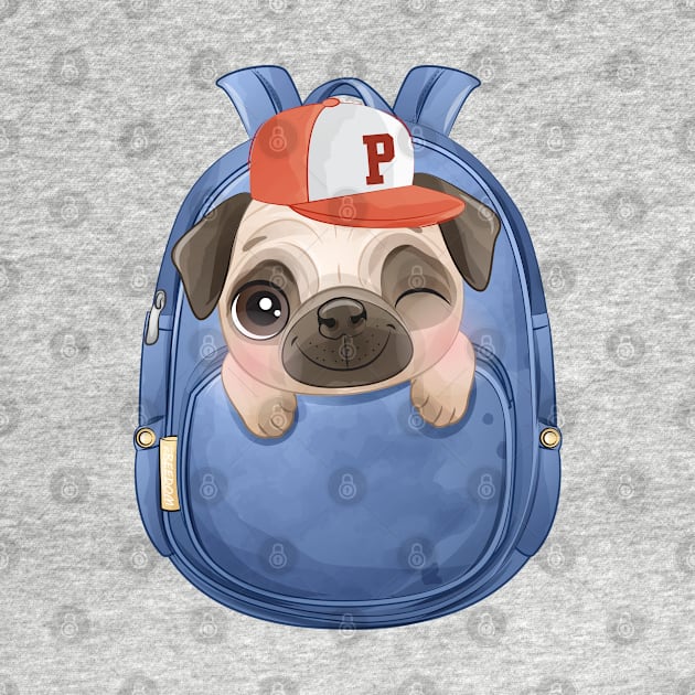 cute pug dog in a school bag by sharukhdesign